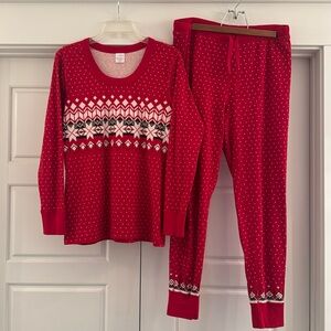 Hanna Andersson Women Christmas PJs- Ribbon Red Fairisle- Long John Top & Bottom